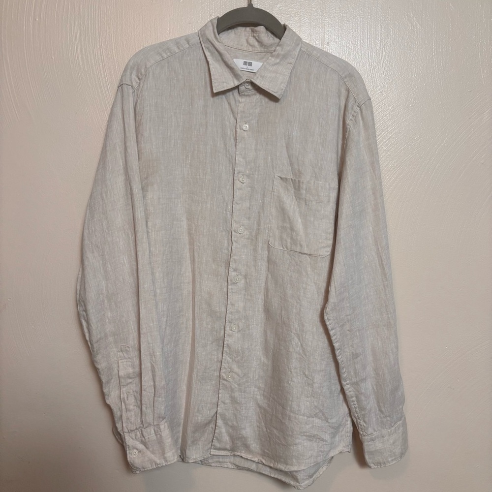 Uniqlo Men’s Shirt 100% Linen Button Down Long Sleeve Pocket Beige Neutral Large